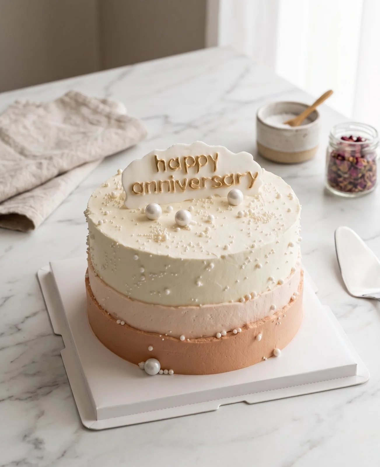 Cream and tan ombre happy anniversary cake with pearl accents