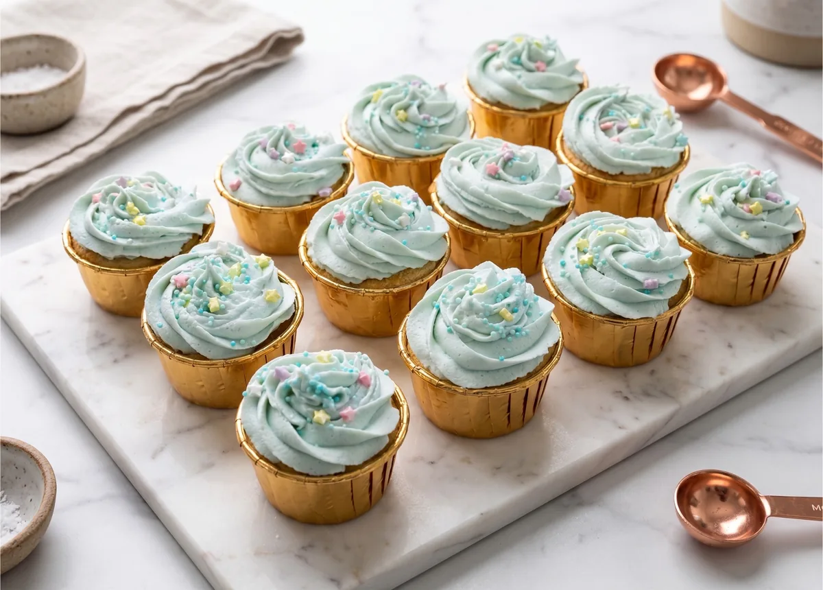 Pastel blue cream cupcakes with star sprinkles in gold liners