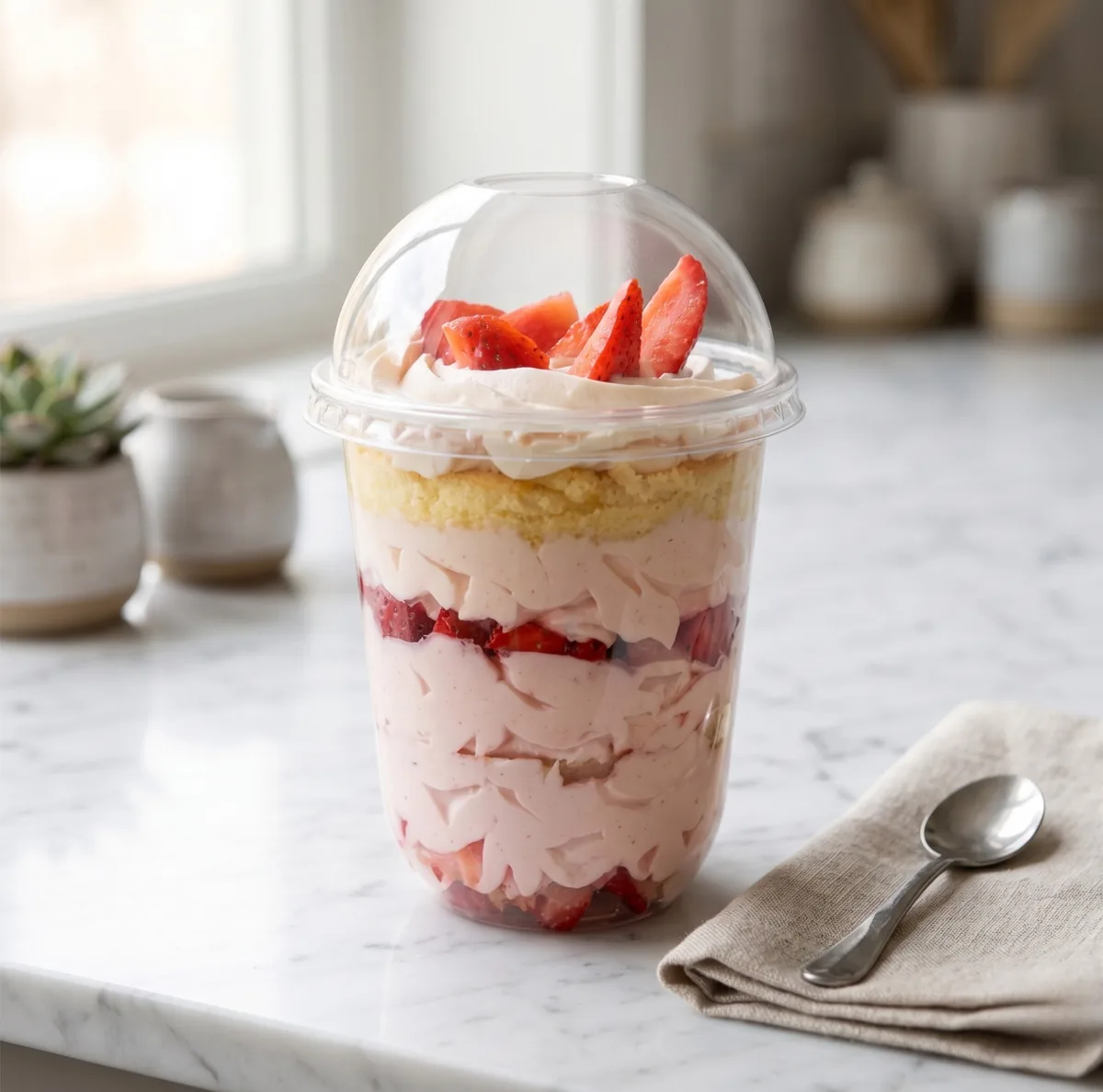 Strawberry cream dessert in a drink cup with fresh strawberries