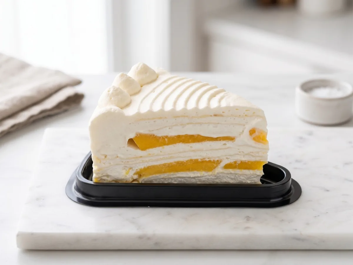 Mango cream crepe cake slice with layered sponge